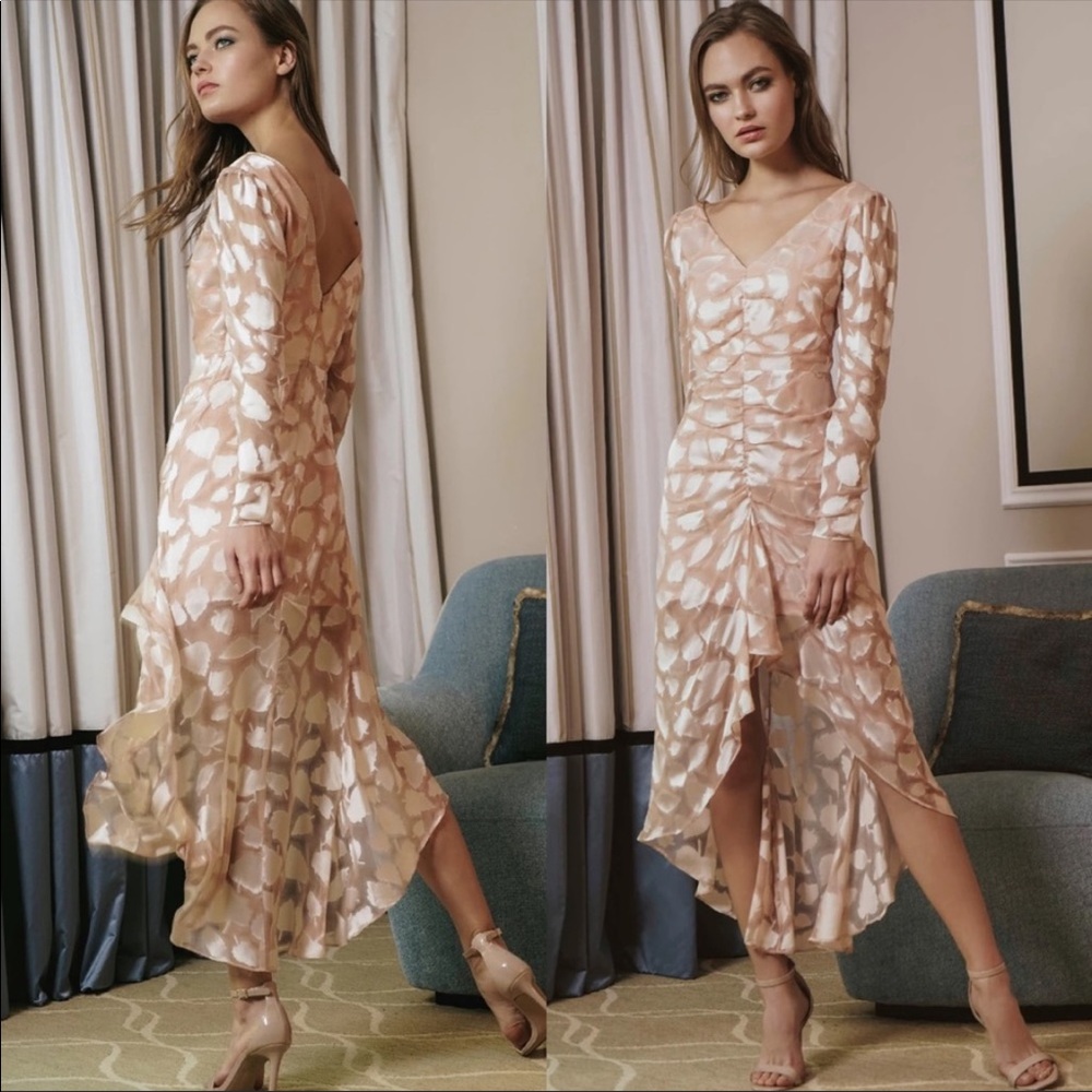 NWT Sau Lee Nina Silk Devore Ruche Midi Dress Sz 0, coral peach pink dress